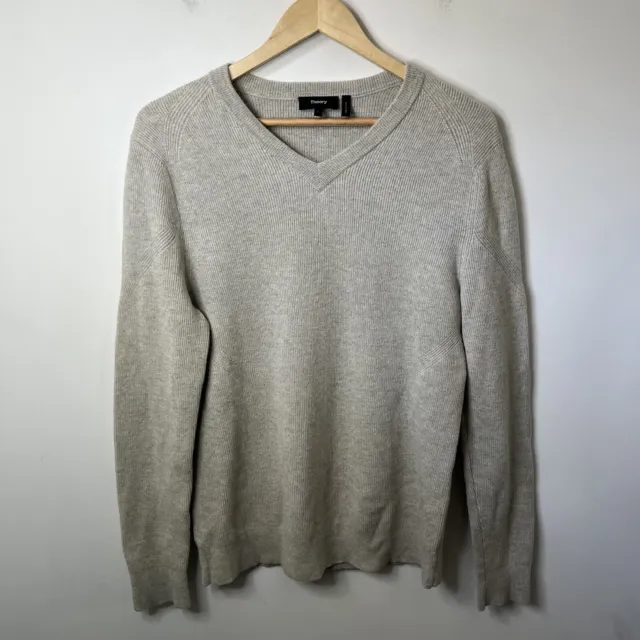 Theory Womens Merino Wool Sweater Large Gray V-Neck Ronzons Long Sleeve Pullover