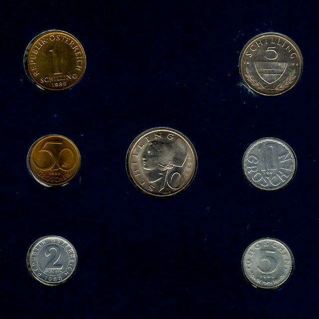 Coin Sets of All Nations Austria w/card 1986-1988 UNC 5 groschen 1986 29.6.88 4