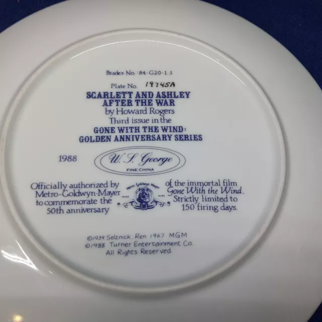 1988 W.S. George 3rd Collector Plate Gone With The Wind "Scarlett & Ashley..." 3