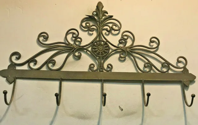 Wrought iron metal ornate French provincial swirl wall HANGER 5 HOOKS 26" x 16"