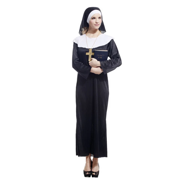Déguisement Nonne Effrayante Adulte – Robe + Ceinture + Chapeau + Croix, Parfait Halloween & Cosplay