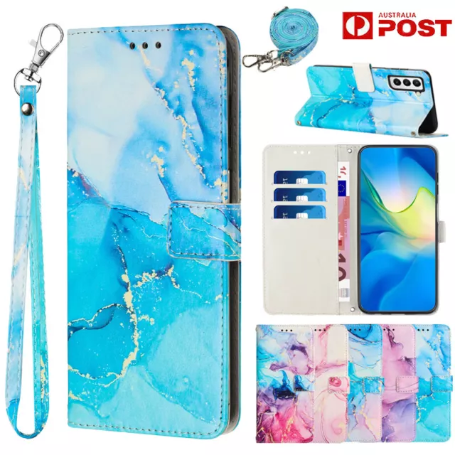 For Samsung S23 FE S22 Ultra Plus S21 S20 Marble Case Leather Wallet Flip Cover