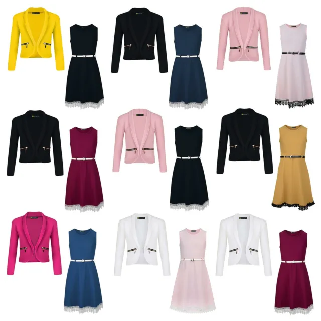 Girls Belted Lace Hem Dress Bundle with Zip Pocket Blazer Jacket Pack of 2