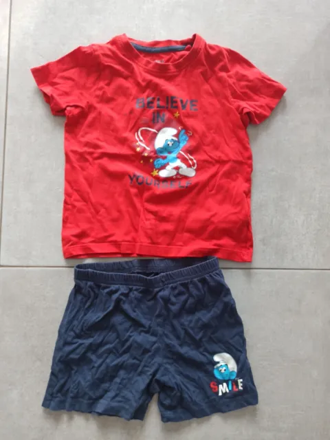 Kurzer Schlafanzug zweiteilig shorty Rot Blau Schlümpfe Gr. 98 / 104