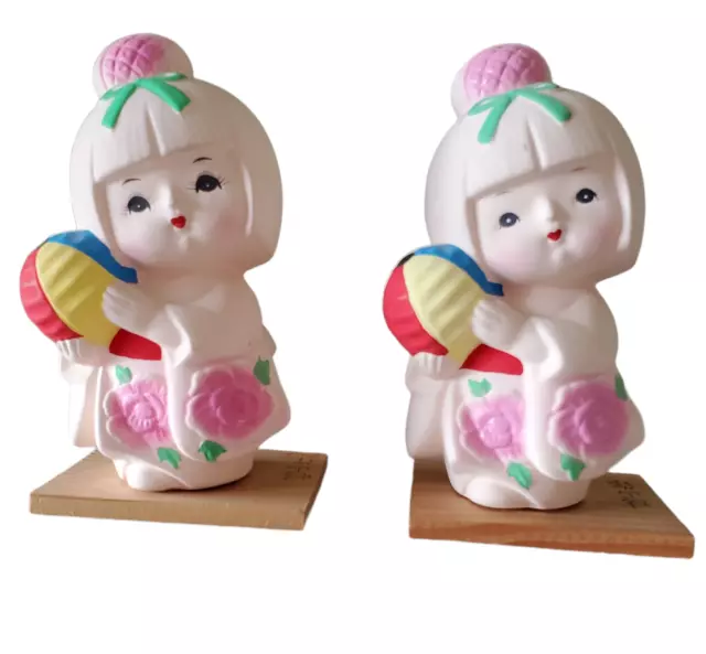 VINTAGE TWIN JAPANESE FIGURINE Doll Geisha Girl Bisque Ceramic Signed ...