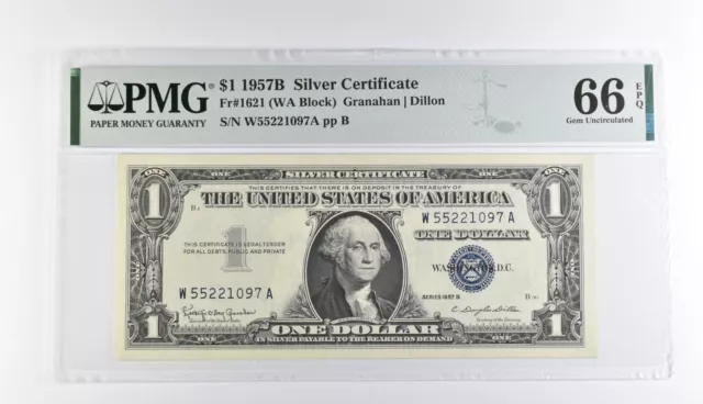 1 1957-B Silver Certificate PMG 66 Gem New, Fr 1621 (WA Block) *455