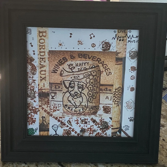 Framed 'Happy Dog Brewing Co' Art Collage, Mixed Media Original Artwork 