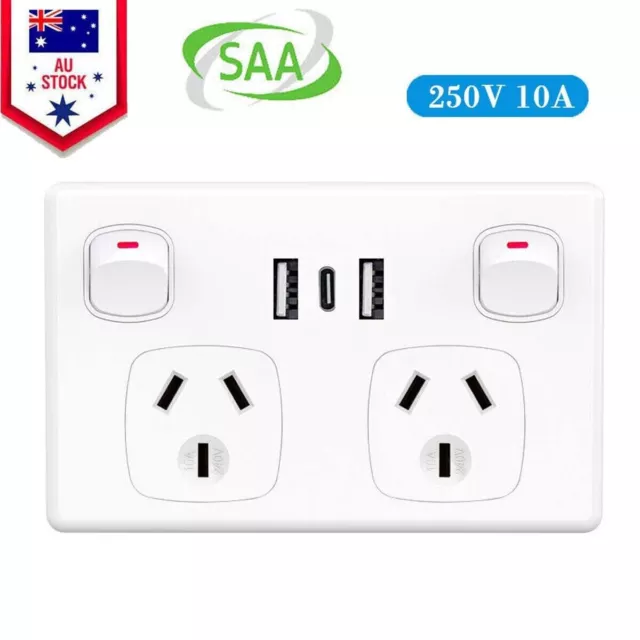 FAST Charge 10A amp Dual USB Type-C Double Power Point GPO Wall outlet Supply AU