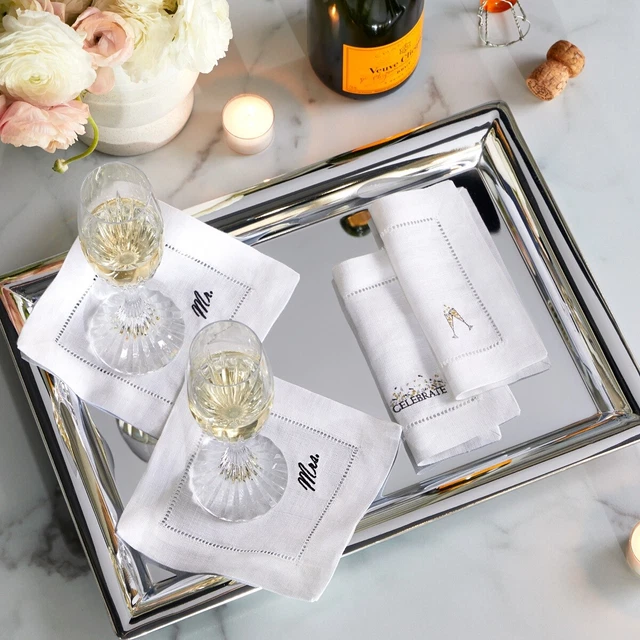 SFERRA EMBROIDERED 100 Linen Cocktail Napkins Set/4 6x6" Choose Design