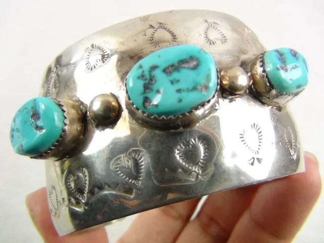 HEAVY 70g 1.5" Native Stamped Sterling Silver 3 Turquoise Cuff Bracelet Navajo