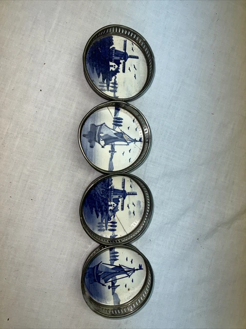 Set of 4 Delft Blue & White Porcelain Dutch Design Coasters Hand Painted Germany