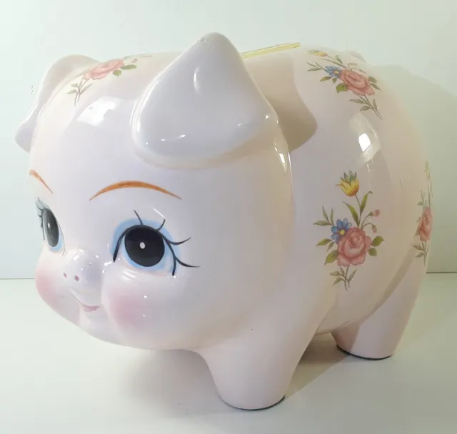 Vintage Large Lefton Pink Piggy Bank with Pastel Flowers with Stopper
