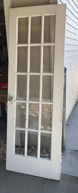 Antique 15 Lite Solid Wood French Door Panel w/ Mortise Lock + Glass Knob 27.5"w