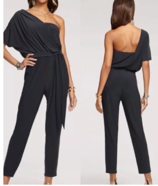 Ramy Brook New York Women XL Black One Shoulder Toma Jumpsuit Pant  Belted AA