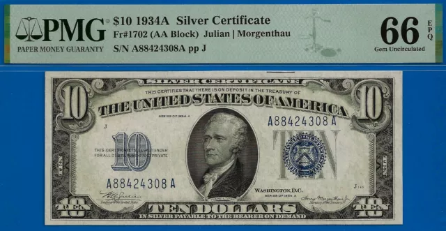 1934A $10 Silver Certificate PMG 66EPQ popular and wanted AA Block Fr 1702