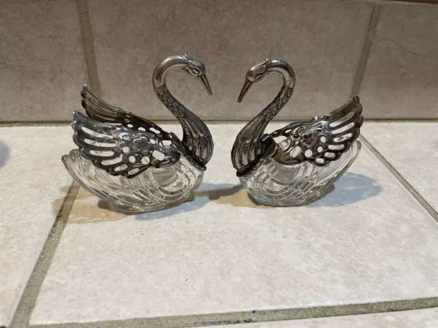 Vintage Raimond Crystal Articulated Swan Salt Cellars Pair Silver Plate Lot Of 2