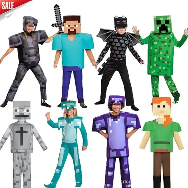 Kinder Geschenke Minecraft Rollenspiel Kostüm Jumpsuit Weihnachten Fancy Dress @