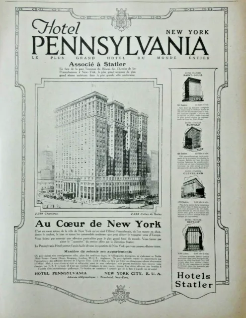 1920 World's Largest Hotel Pennyvania Press Advertisement In New York.