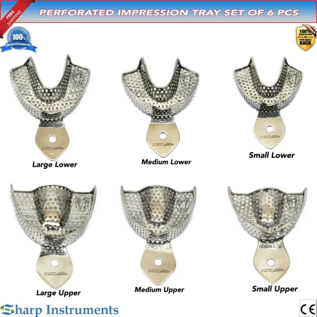 Dental Perforated Impression Trays L/M/S Upper & Lower Autoclavable Steel Tray