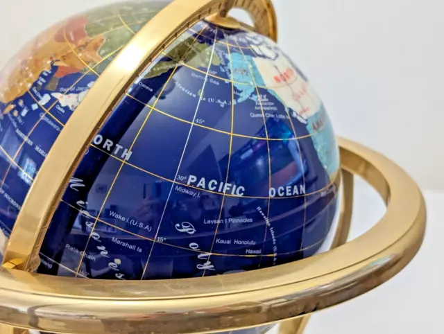 14" Gemstone Globe Blue Jasper Lapis Gold Zinc Alloy Table Stand World Ocean Map