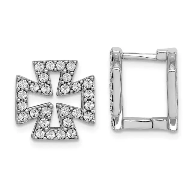 Sterling Silver Rhodium-plated Black Enamel Cross Crystal Hinged Earrings 0.48"