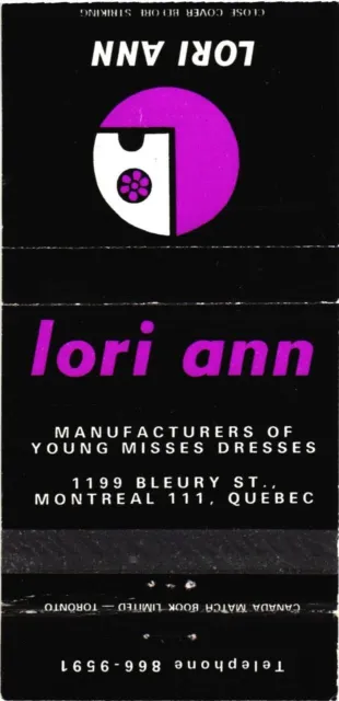 Montreal Quebec Canada Lori Ann Dresses Manufacturers Vintage Matchbook Cover