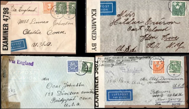 Sweden c1940 4 Airmail Passed by Censor Covers to USA Postal History