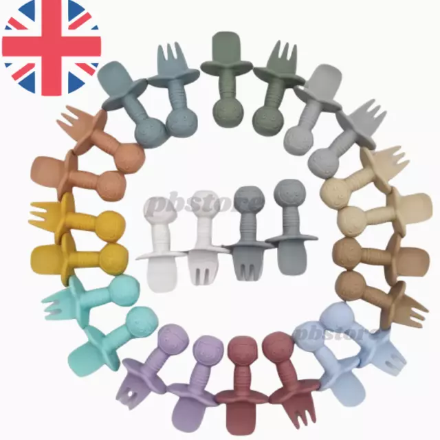 Baby Silicone Spoon & Fork Utensils Self Feeding Training Cutlery Set UK