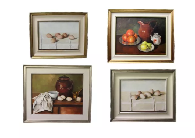 Lotto 4 dipinti tema cucina - Uova, frutta e brocche