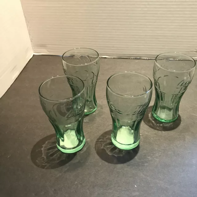 Set of 4-Libbey Miniature Coca-Cola Glasses 4 1/2 Inches Tall Green Tinted