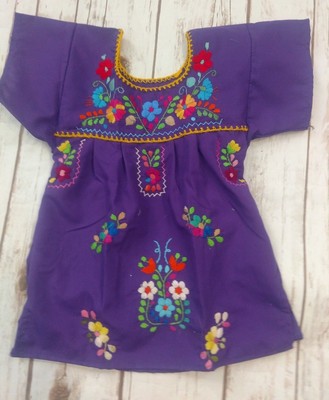Mexican Baby Girls Dress Purple Embroidery on the front Puebla style 6M-24M