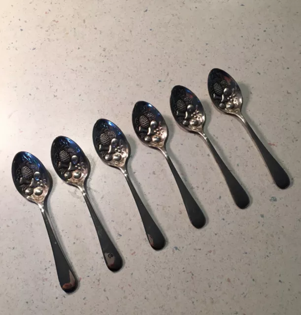 Set Of 6 Vintage Sheffield Silverplate Demitasse Spoons Impressed Fruit Design