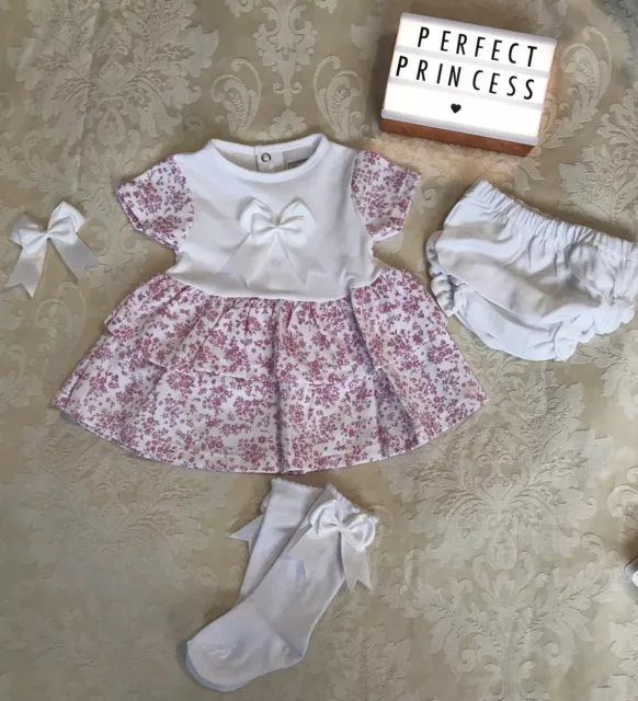 Pink and White Floral Spanish Dress with Knickers, Socks and Hair Bow Baby Girls