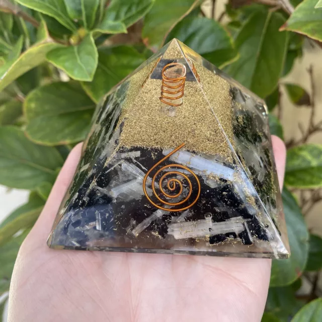 Large Orgonite Pyramid with Quartz Generator "Tourmaline & Selenite" Hand Made