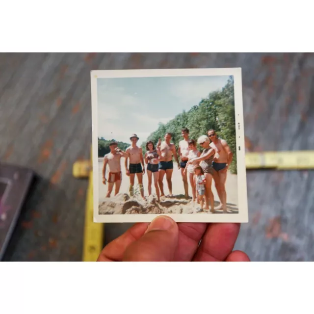 1960s Family Beach Party Young Men Women Swim Trunks Vintage Snapshot Photo