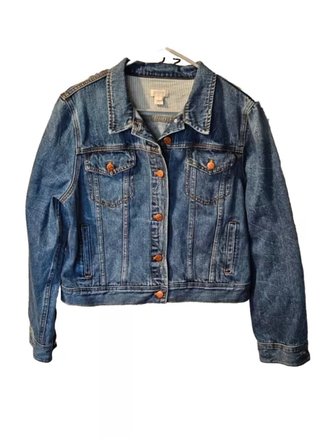 J Crew Denim Jacket Womens XL Blue Jean Embossed Buttons Classic Trucker Indigo