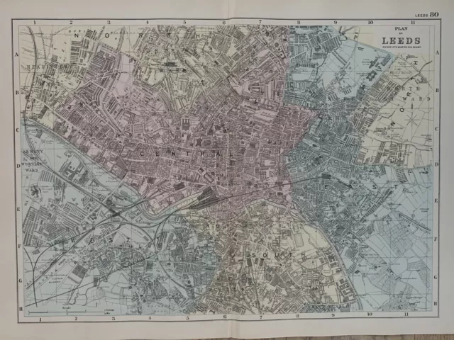 1886 Leeds Antique Hand Coloured City Plan by G.W. Bacon