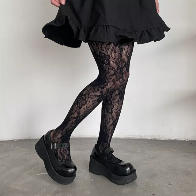 fishnet tights LACE floral pattern mesh wine red  mod retro