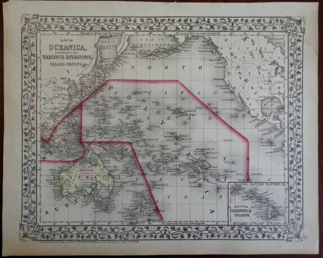 Oceania Australia Polynesia New Zealand Hawaii Fiji Malaysia 1872 Mitchell map