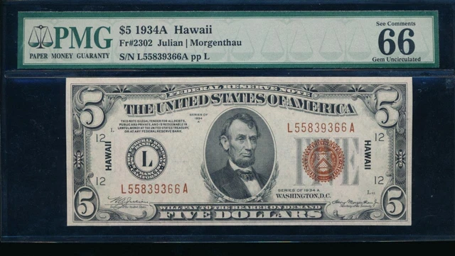 AC Fr 2302 1934A Hawaii $5 PMG 66 EPQ Gem Uncirculated!