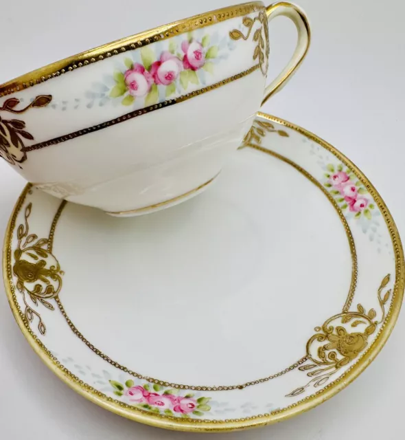 Vintage Nippon Hand Painted Pink Roses Encrusted Beaded Gold Cup & Saucer Teacup