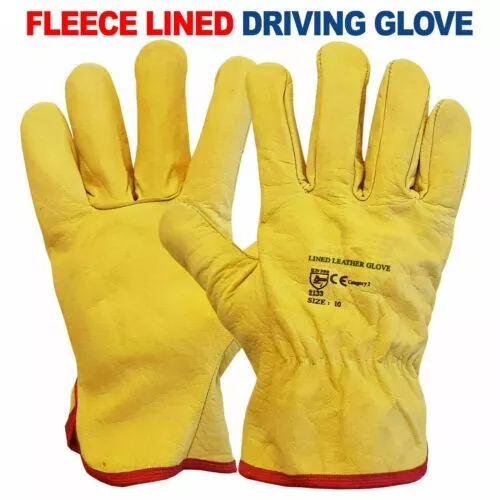 Premium Yellow Leather Driver Work Gloves Fleece Lined Lorry Truck Driving Glove