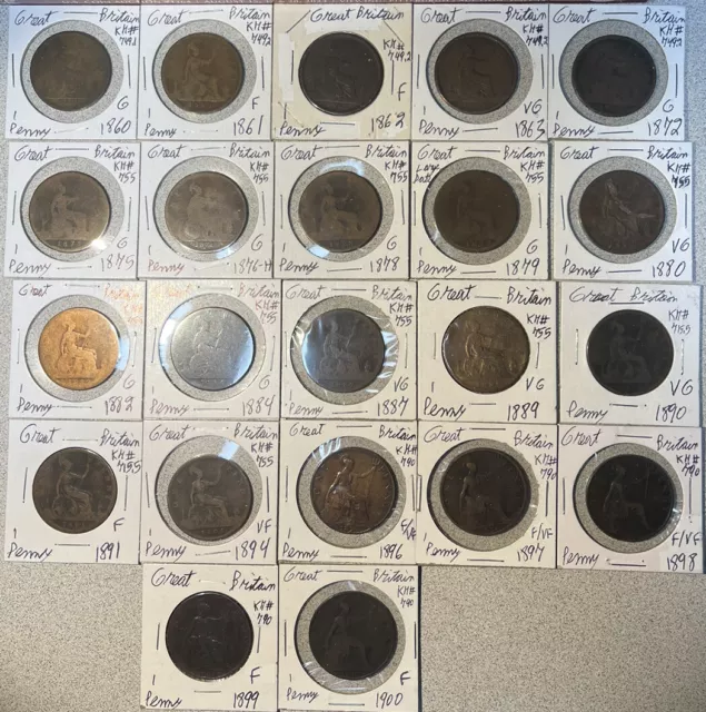 Great Britain 1860 - 1900 One 1 Penny 22 Coin Lot Good G - VF Condition Victoria