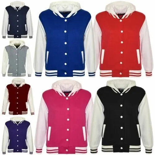 Kids B.b Hooded Plain Jacket Baseball Varsity Style Coat For Girls Boys 2-13 Yrs