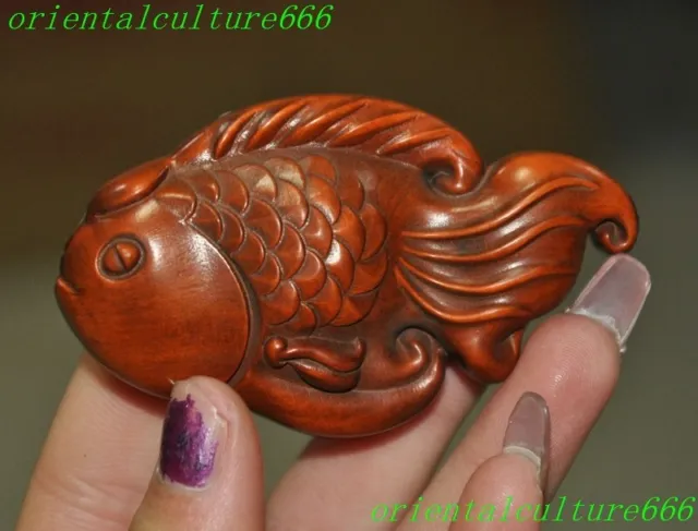 3"Chinese boxwood wood carven Feng shui wealth animal fish goldfish statue