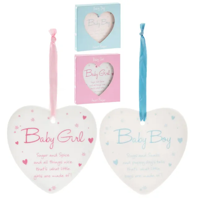 Baby JungeMädchen BlauRosa - Keramik Hängendes Herz Geschenkbox 13cm