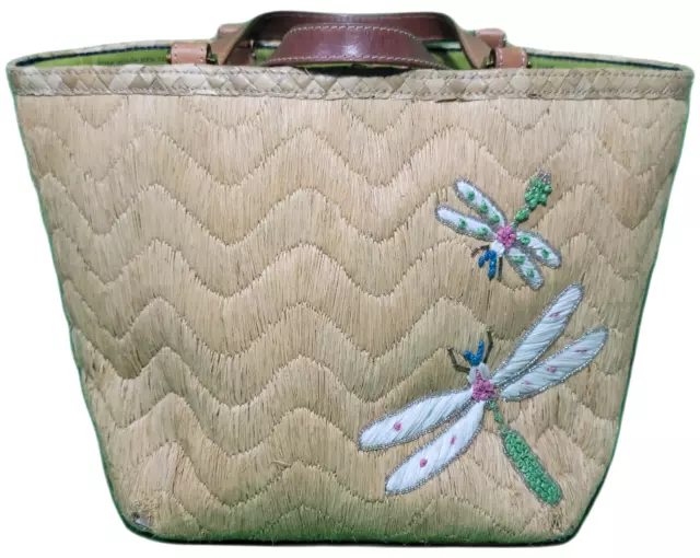 KATE SPADE DRAGONFLY Straw Tote Handbag with Embroidered
