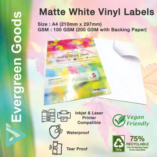 A4 White Matt Waterproof Sticker VINYL INKJET LASER JET Printable Self Adhesive