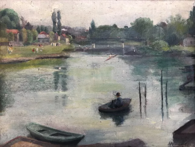 Tableau Ancien Signé, Berges Animées, Huile Sur Toile, Peinture, Début XXe