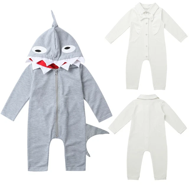 Newborn Baby Boys Girls Hooded Cartoon Shark Romper Jumpsuit Playsuit Outfit Set